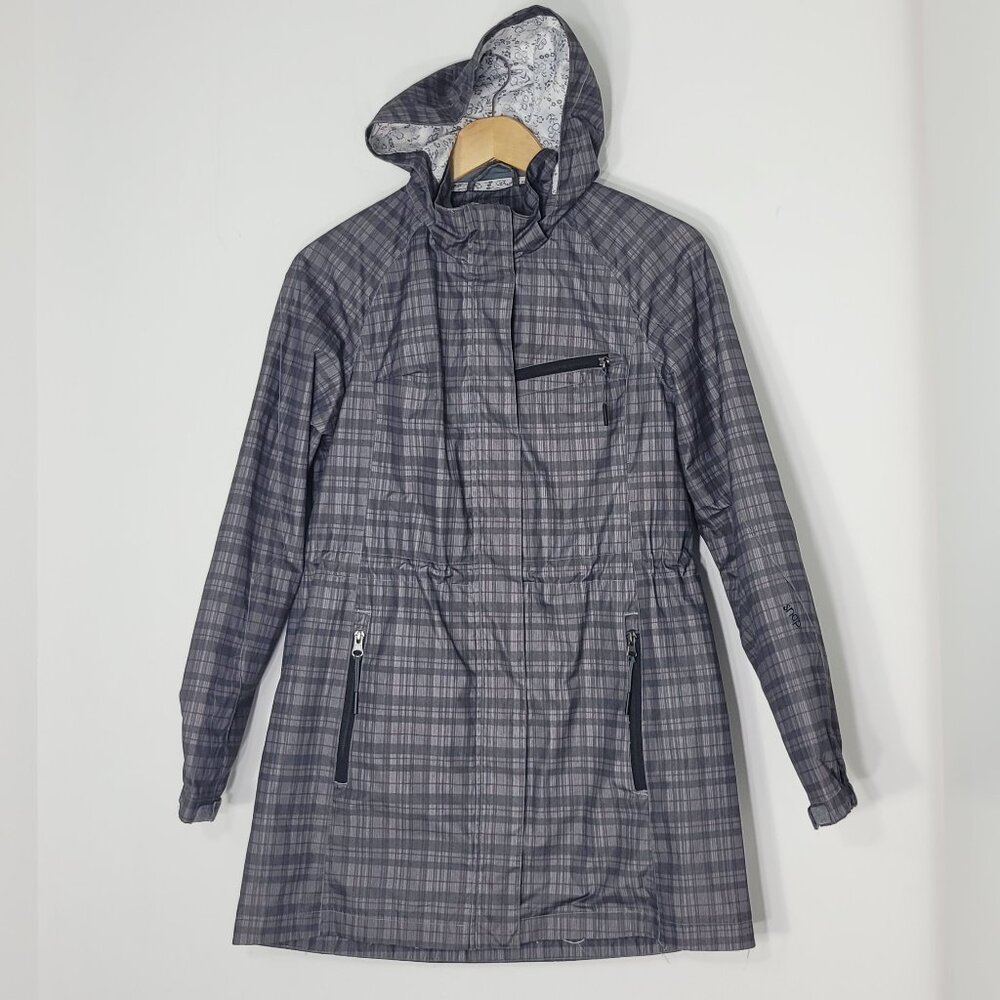 Snap Rain Coat Black Gray Plaid Zipper Pockets Long Sleeve Hooded Jacket P/S